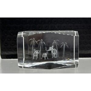 Elephants & Palm Trees 3D Laser Etched Crystal‎ Paperweight Safari Decor